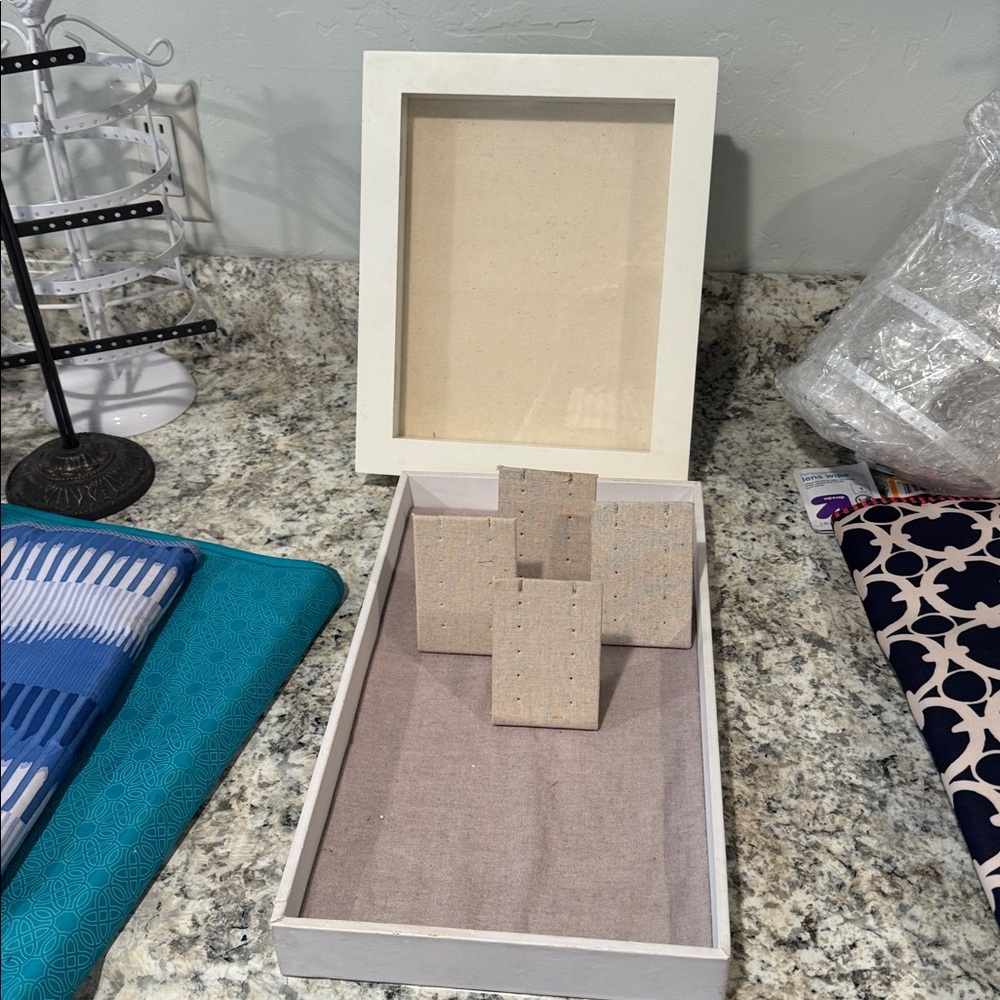 White Jewelry Display Set, shadow box frame, tray and earring displays